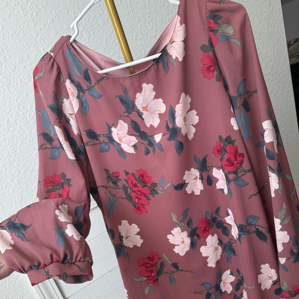 Lulus Rosalinda Mauve Floral Print Long Sleeve Shift Dress Medium - Picture 3 of 5